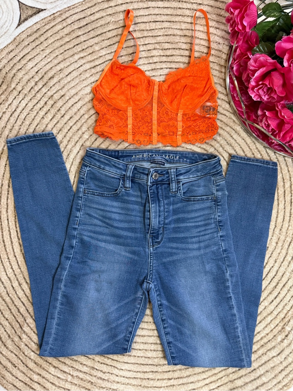 American Eagle Outfitters Orange Lace Brami Styled with Blue High-Rise Jeans